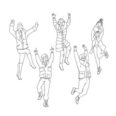 Vector sketch cheerful young women, men in warm winter or autumn clothing - jacket or coat, scarf, hat boots having fun laughing, jumping outdoors. Female, male character, positive emotions monochrome