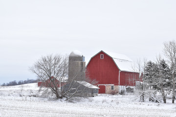 Classic red barn and silo covered in snow on a farm in a rural area in winter on an overcast day © Jennifer
