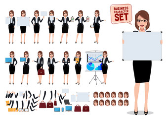 Female business characters set with young office woman holding blank white board and placard in various pose and gesture for business presentation and design elements. Vector illustration.