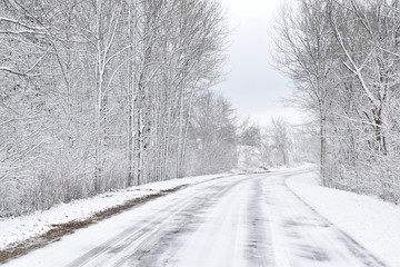 A snow covered country road with trees on both sides snowy and quiet tire tracks on road