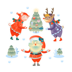 Santa Claus. The symbol of the year is piglet. Christmas deer. New Year. Vector