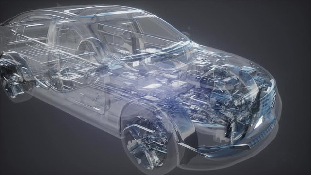 Holographic animation of 3D wireframe car model with engine and otter technical parts