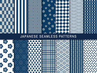 和柄のシームレスパターンセット（青）