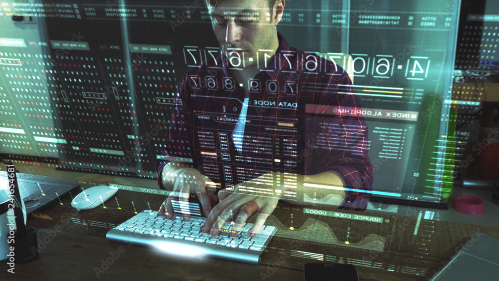 Leinwandbilder A programer hacker trying to breached the computer security by using algorithm source code to exploit weakness in password security