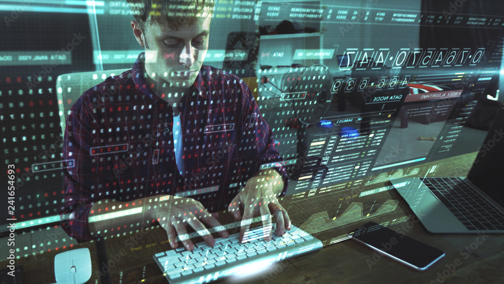 Leinwandbilder A programer hacker trying to breached the computer security by using algorithm source code to exploit weakness in password security