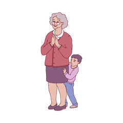 Vector excited grandmother and small boy kid waiting in anticipation of good event or present. Grey-haired elderly woman, senior female character and child illustration