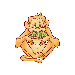 Vector illustration of monkey dont speak because of stack of green banknotes in his mouth in sketch style isolated on white background - hand drawn wild animal with mouth covered with money.