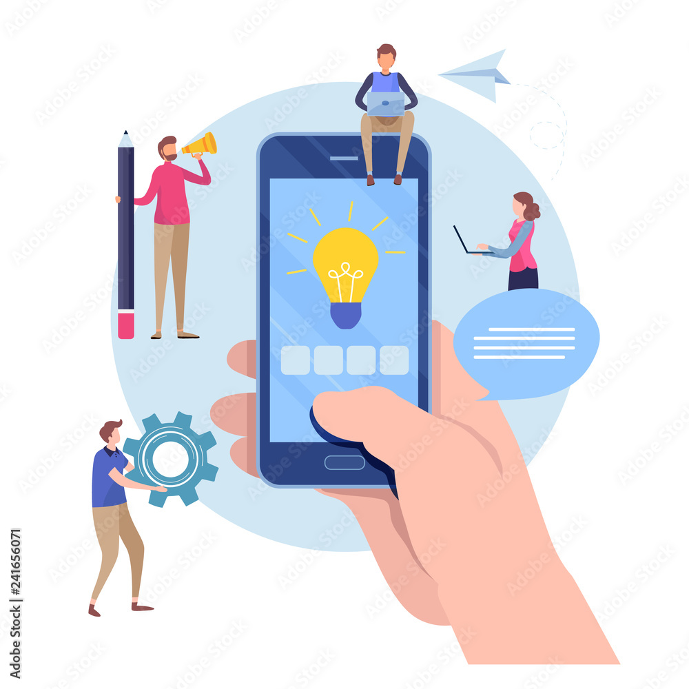 Poster developer create application. mobile app development. flat cartoon miniature illustration vector gra