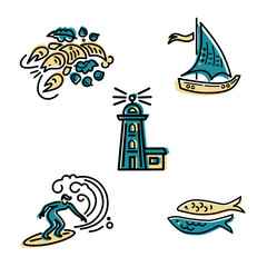 Fototapeta premium Sea vacation symbols vector set with surfing, lighthouse, lobster, sailboat and fishes. Travel concept. Vector illustration.