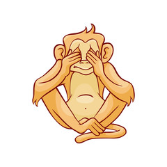 Vector dont see metaphor monkey covering her eyes by hands. Sketch ape animal for moral design. Funny primate animal, see no evil chimpanzee, isolated illustration