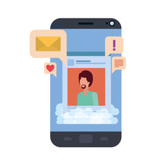 device screen with social network profile and speech bubble