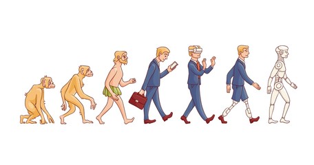 Vector evolution concept with ape to cyborg and robots growth process with monkey, caveman to businessman in suit, artificial legs person and robotic creature. Mankind development
