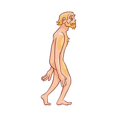 Fototapeta premium Vector illustration of neanderthal man walking isolated on white background - hand drawn side view of archaic human. Ancient primitive man with short legs and long hands.