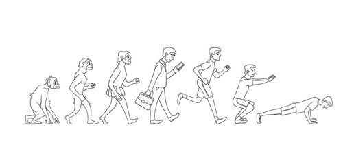 Vector evolution concept with ape to man growth process with monkey, caveman to businessman in suit and to sportsman working out. Mankind development, darwin theory