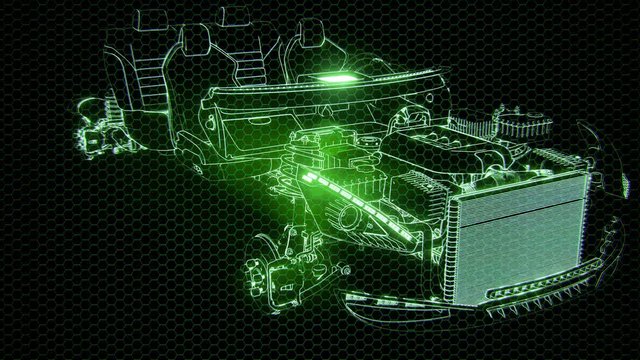 Holographic animation of 3D wireframe car model with engine and otter technical parts