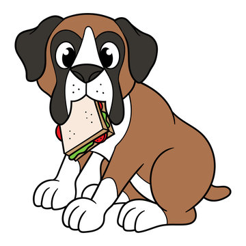 Cartoon Boxer Dog With Sandwich in Mouth