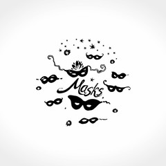 Masks. Black hand draw round template Carnival Masks logo. Masquerade masks original graphic pattern imitation of painting with brush and ink.