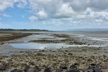 An inlet at low tide revealing marshy ground with lava rocks