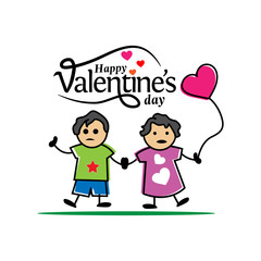 Happy Valentines day card with two children on the white background. Vector illustration
