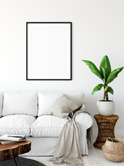 Frame mockup. Living room interior wall mockup. Wall art. 3d rendering, 3d illustration.