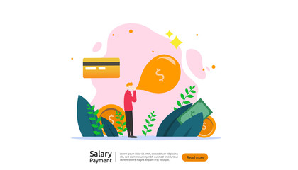 Fototapeta premium salary payment concept. Payroll, annual bonus, income, payout with paper calculator and people character. web landing page template, banner, presentation, social, and print media. Vector illustration
