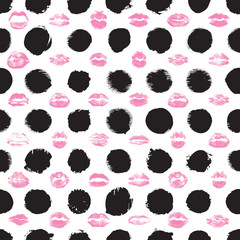 Lips seamless pattern on polka dot background. Black and pink lips fashion print wrapping paper. World kiss day, Valentine's day, love. Vector.