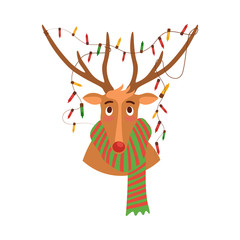 vector cute christmas reindeer portrait in scarf and garland christmas lights in horns. Funny winter character having fun. Merry christmas, xmas holiday design isolated illustration