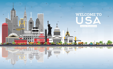Welcome to USA Skyline with Gray Buildings, Blue Sky and Reflections.