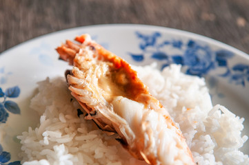 Grilled river prawn on Thai Jasmine rice in beautiful dish