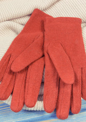 Gloves and shawl for woman made of cotton or wool, clothing for autumn or winter concept