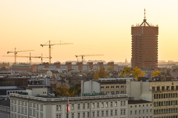 Fototapeta premium Poznan, Poland - October 12, 2018: View at sunset on economic academy and buildings in polish city Poznan