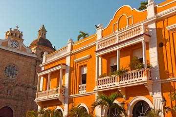 City architecture of Cartagena de Indias, Colombia. Traditional historic architecture of colonial times at small city square.