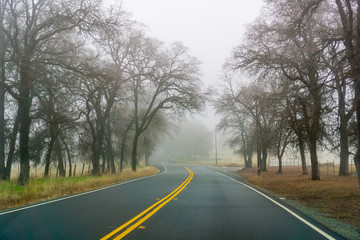 Driving on a day with heavy fog and low visibility, California