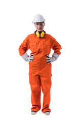 Full body portrait of a woman worker in Mechanic Jumpsuit isolated on white background