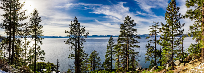 Lake Tahoe shoreline on a beautiful winter day, Sierra Nevada mountains
