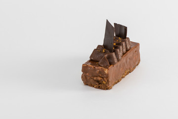 one chocolate cake on white background, isolated