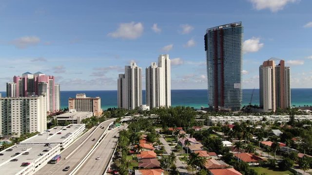 Aerial of Luxury Homes and Condos along Sunny Isles Beach, Southern Golden Beach and Prive Island near Aventura, Miami, Florida.