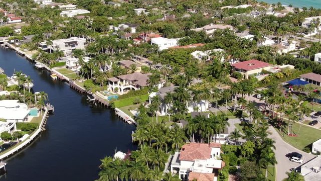 Aerial of Luxury Homes and Condos along Sunny Isles Beach, Southern Golden Beach and Prive Island near Aventura, Miami, Florida.