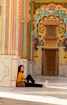 asian woman trourist at Patrika gate jawahar Circle in Jaipur, Rajasthan India.