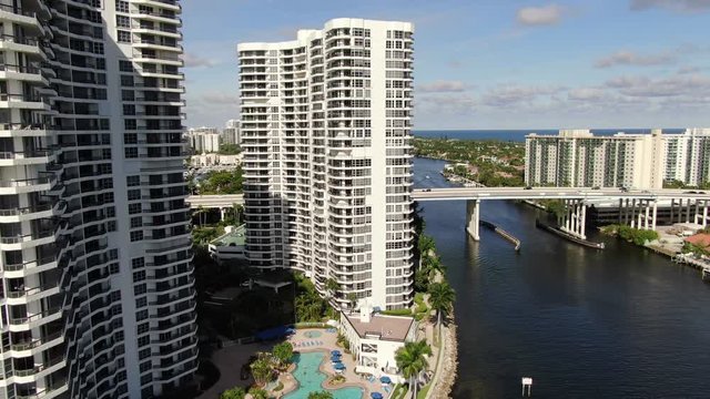 Aerial of Luxury Homes and Condos along Sunny Isles Beach, Southern Golden Beach and Prive Island near Aventura, Miami, Florida.