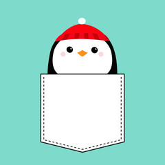 Penguin head face. Red hat. T-shirt pocket. Merry Christmas. Happy New Year. Cute cartoon kawaii baby character. Arctic animal. Flat design. Hello winter. Blue background.