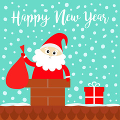 Happy New Year. Santa Claus in the roof chimney holding bag. Red hat, costume, beard, gift box. Merry Christmas. Cute cartoon kawaii funny character. Blue snow background. Flat design.