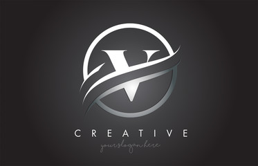 V Letter Logo Design with Circle Steel Swoosh Border and Creative Icon Design.