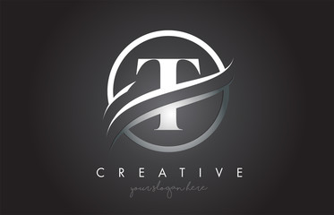 T Letter Logo Design with Circle Steel Swoosh Border and Creative Icon Design.