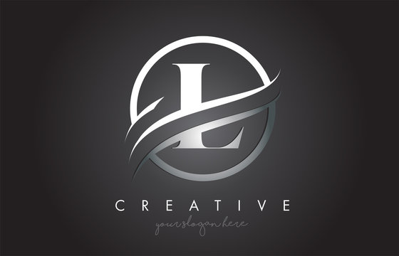 L Letter Logo Design with Circle Steel Swoosh Border and Creative Icon Design.