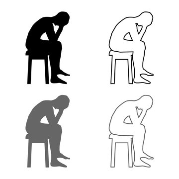 Man Holding His Head Concept Problem Silhouette Sitting No Seat Icon Set Grey Black Color Illustration Outline Flat Style Simple Image