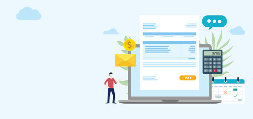 payroll payment concept with laptop and invoice wage paper with free space for text on side