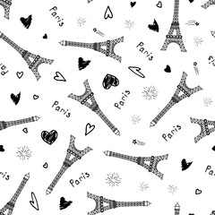 Vector seamless pattern with hand drawn Eiffel towers, hearts, fireworks and word Paris.