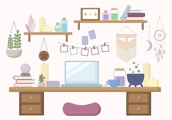 Modern witch workspace in pastel colors flat illustration
