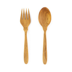 wooden spoon and fork isolated on white background